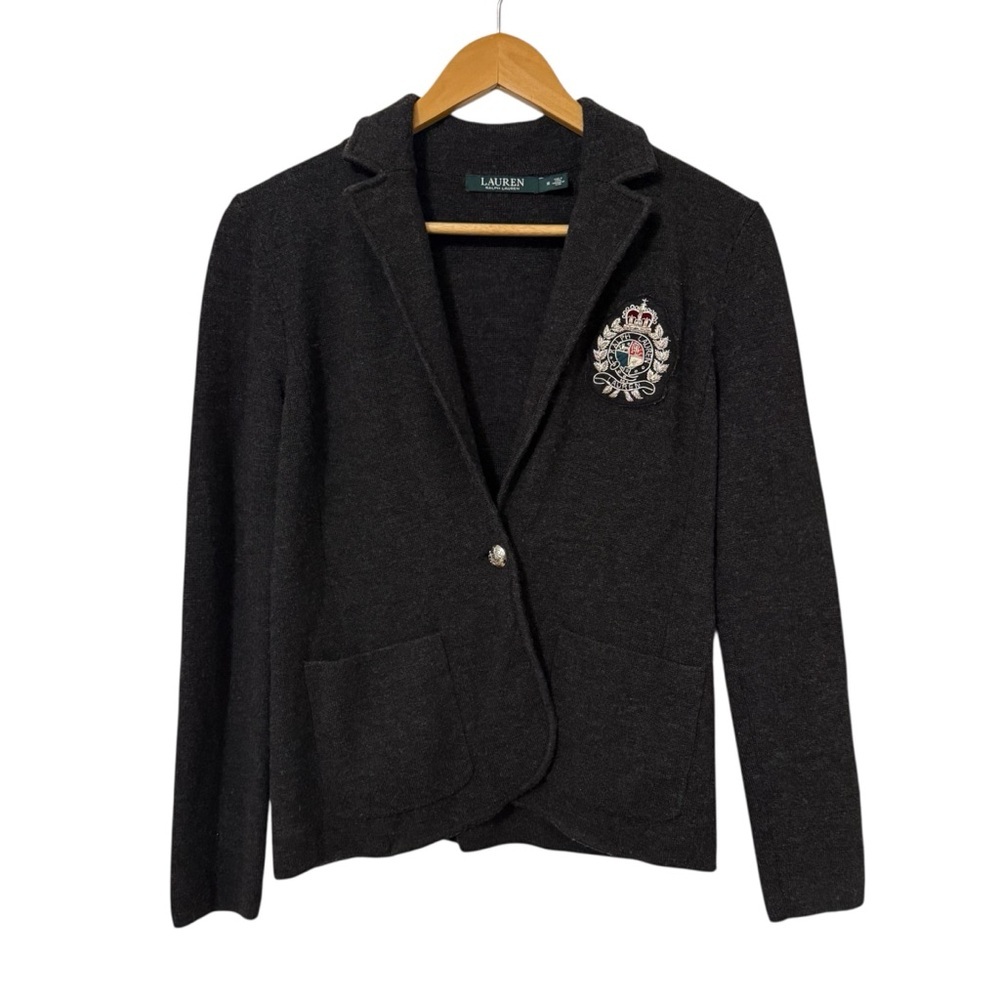 Lauren Ralph Lauren Wool Knit Jumper Blazer Cardigan Womens Medium Bullion Crest - Picture 2 of 7